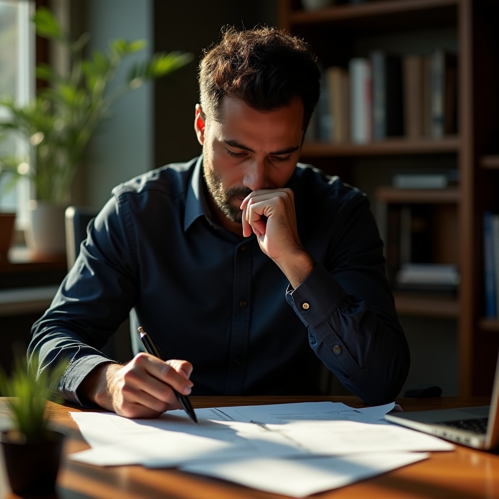 Profesional concentrado trabajando en su escritorio con documentos y computadora