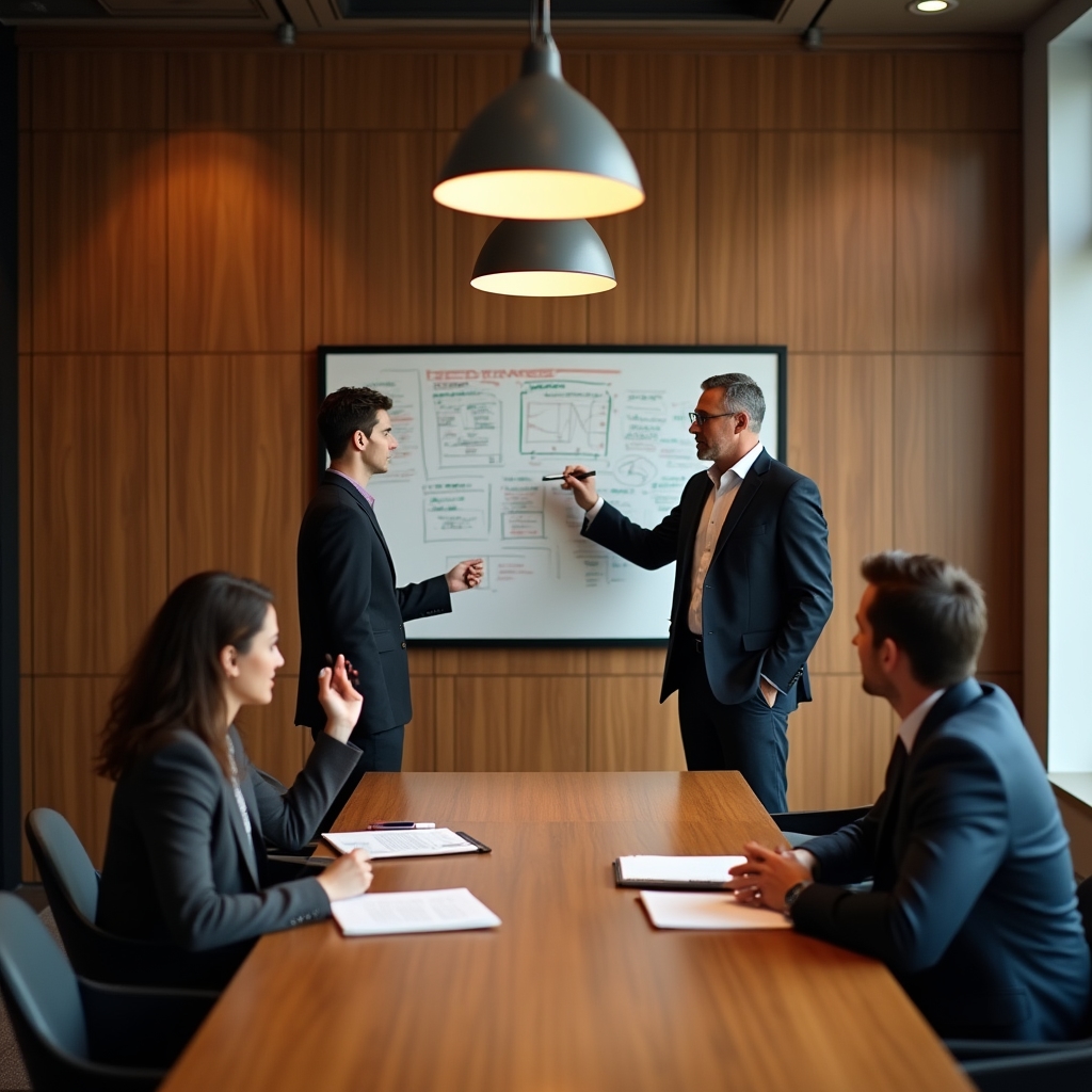 Grupo de profesionales discutiendo alrededor de una mesa con materiales de trabajo