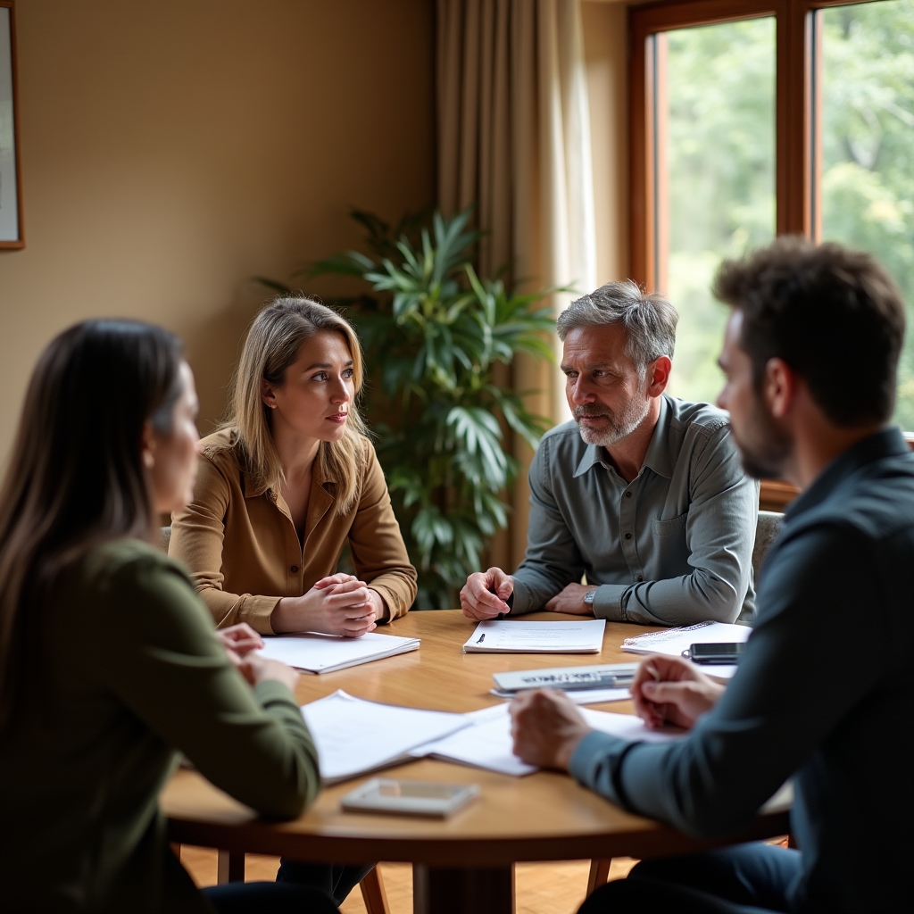Sesión grupal de trabajo donde participantes intercambian experiencias profesionales