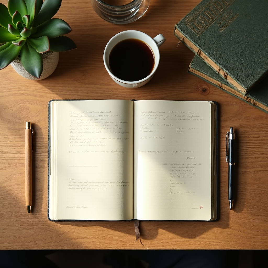 Profesional escribiendo reflexiones en cuaderno sobre su escritorio organizado con libros